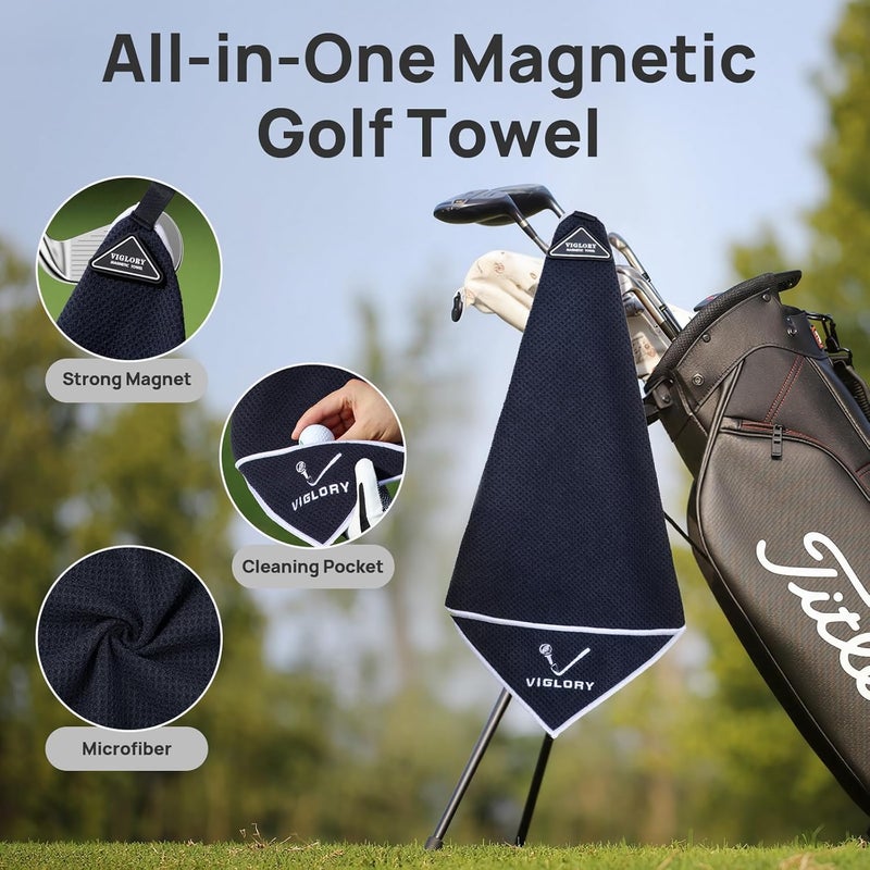 VIGLORY Magnetic Golf Towel for Bag 18" x 18" with Clip Exclusive Cleaning Pocket Microfiber Waffle Ultra Absorbent Club Ball Cleaner Essential Golf Accessories and Gifts for Men Women(Black 1 Pack) - Image 2